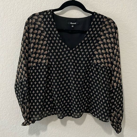 MADEWELL Sheer-Sleeve Top in Brushstroke Paisley Mix, Size XXS - Picture 2 of 6